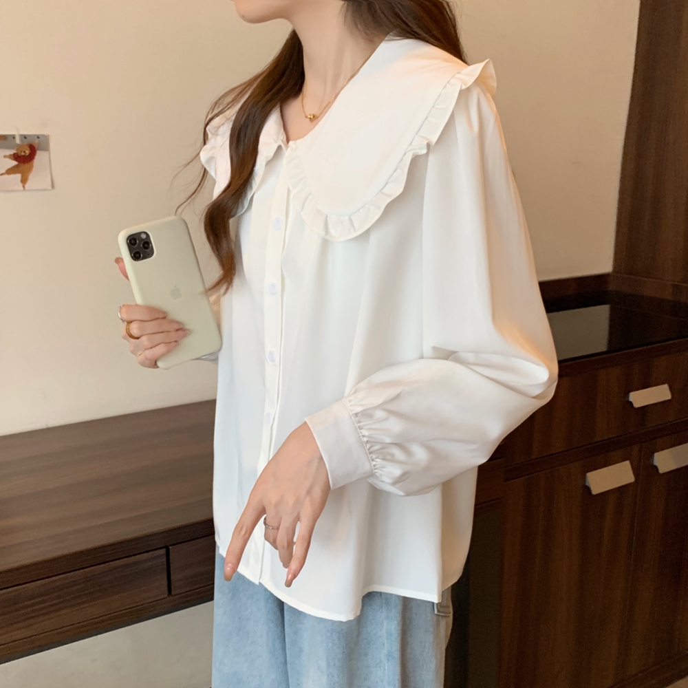 Long sleeve lotus leaf edges autumn doll lapel shirt for women