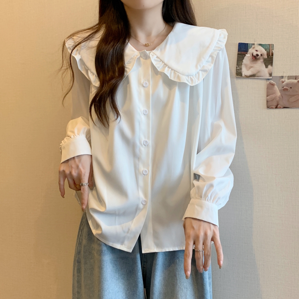 Long sleeve lotus leaf edges autumn doll lapel shirt for women