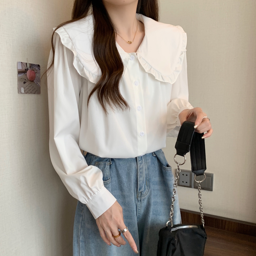 Long sleeve lotus leaf edges autumn doll lapel shirt for women