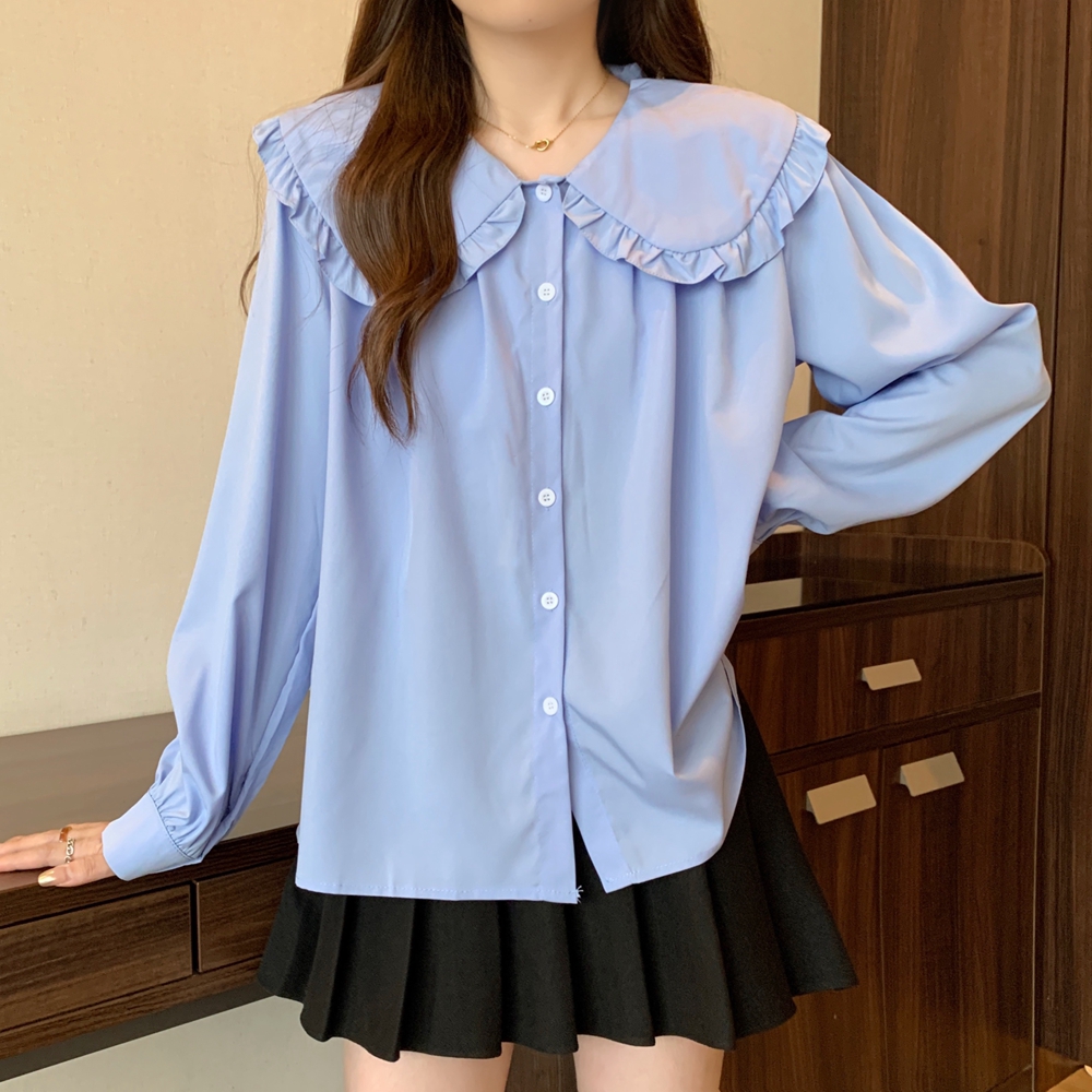 Long sleeve lotus leaf edges autumn doll lapel shirt for women