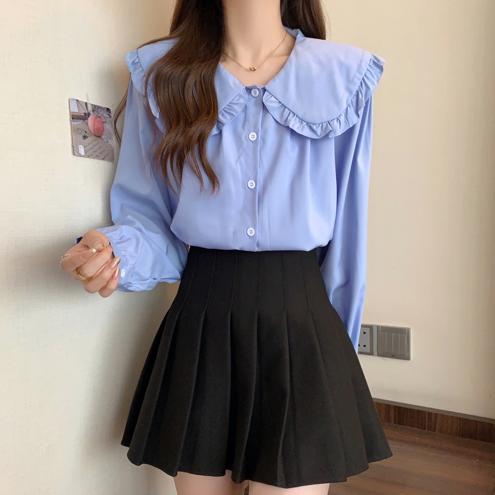 Long sleeve lotus leaf edges autumn doll lapel shirt for women