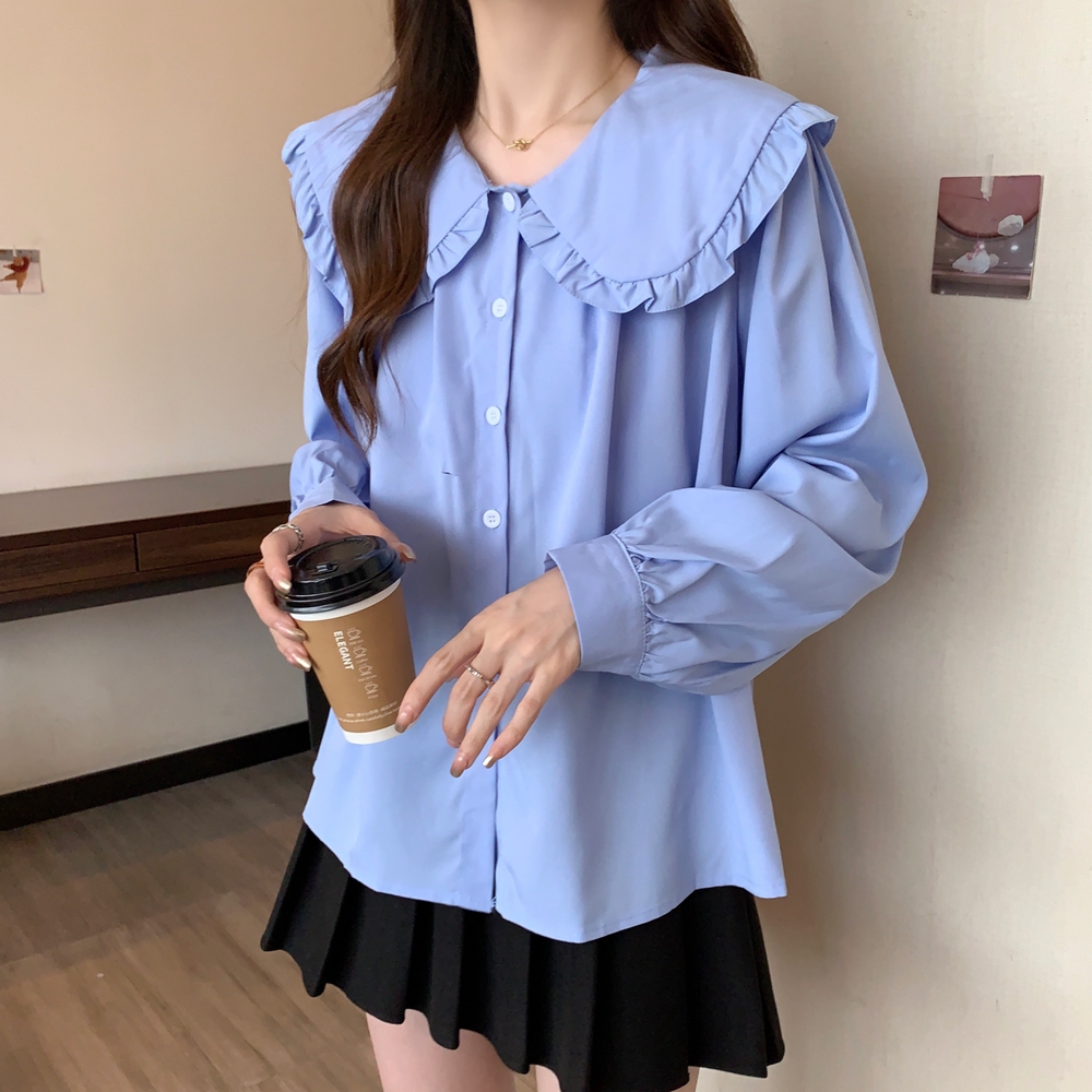 Long sleeve lotus leaf edges autumn doll lapel shirt for women