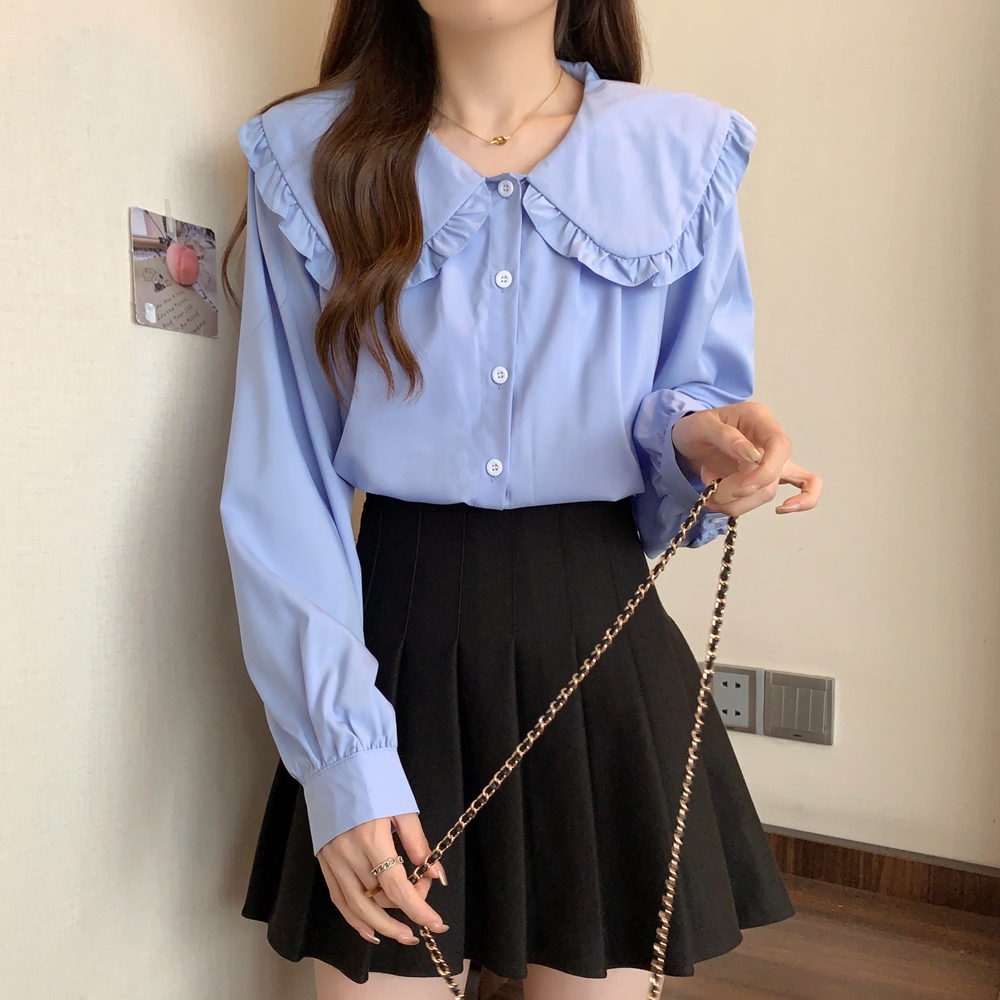 Long sleeve lotus leaf edges autumn doll lapel shirt for women