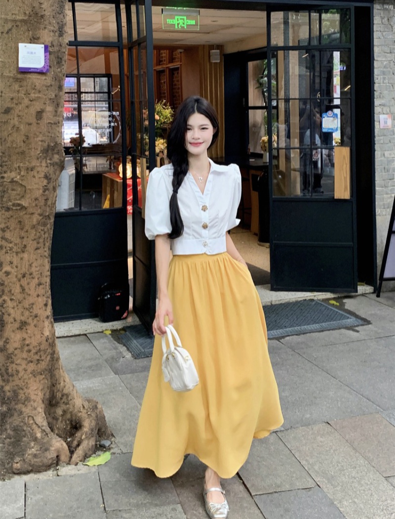 Puff sleeve white skirt yellow shirt 2pcs set