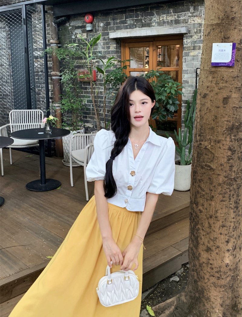 Puff sleeve white skirt yellow shirt 2pcs set