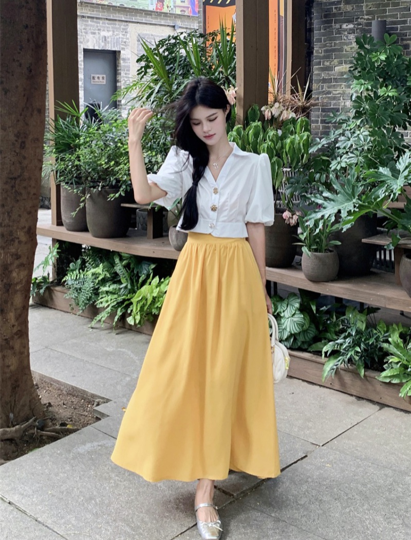 Puff sleeve white skirt yellow shirt 2pcs set