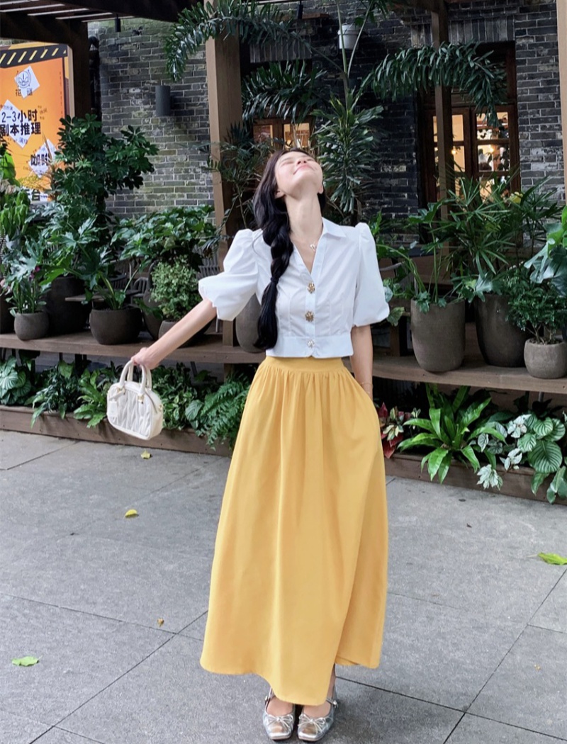 Puff sleeve white skirt yellow shirt 2pcs set