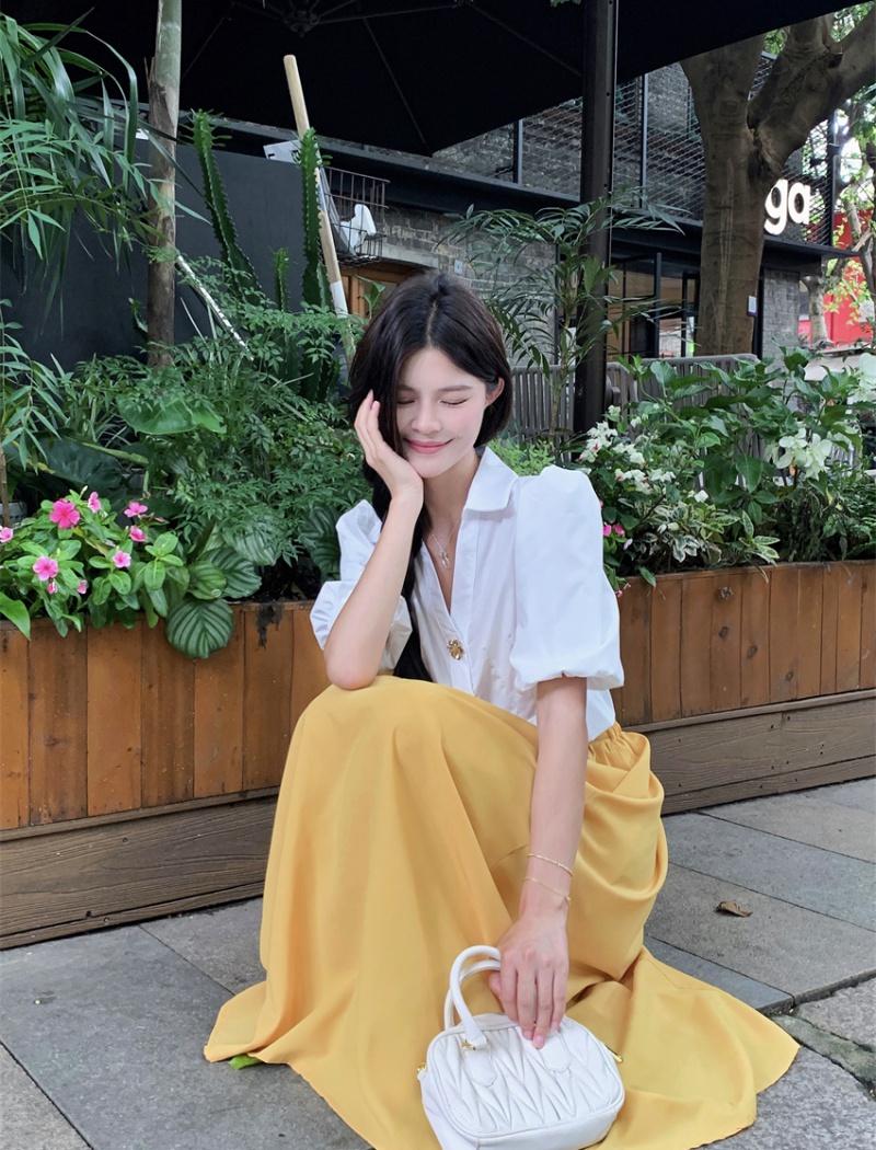 Puff sleeve white skirt yellow shirt 2pcs set