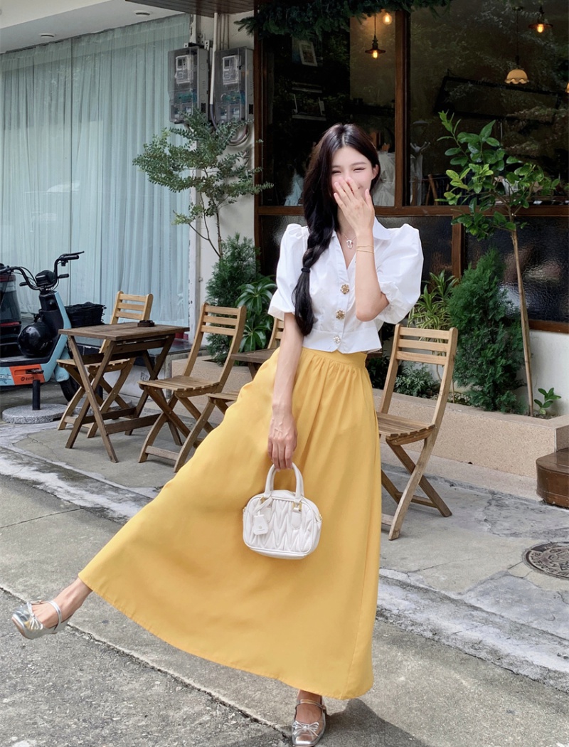 Puff sleeve white skirt yellow shirt 2pcs set