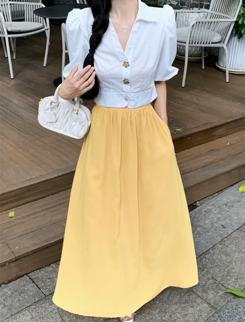 Puff sleeve white skirt yellow shirt 2pcs set