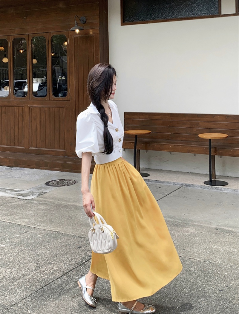 Puff sleeve white skirt yellow shirt 2pcs set