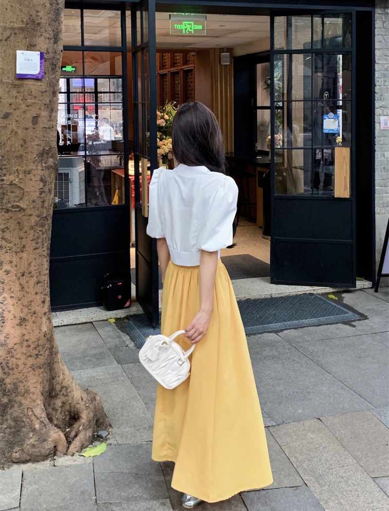 Puff sleeve white skirt yellow shirt 2pcs set