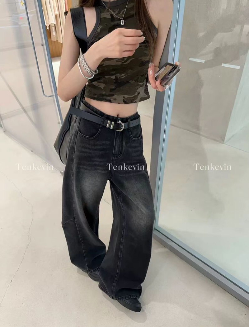 High waist loose retro wide leg pants straight slim pants