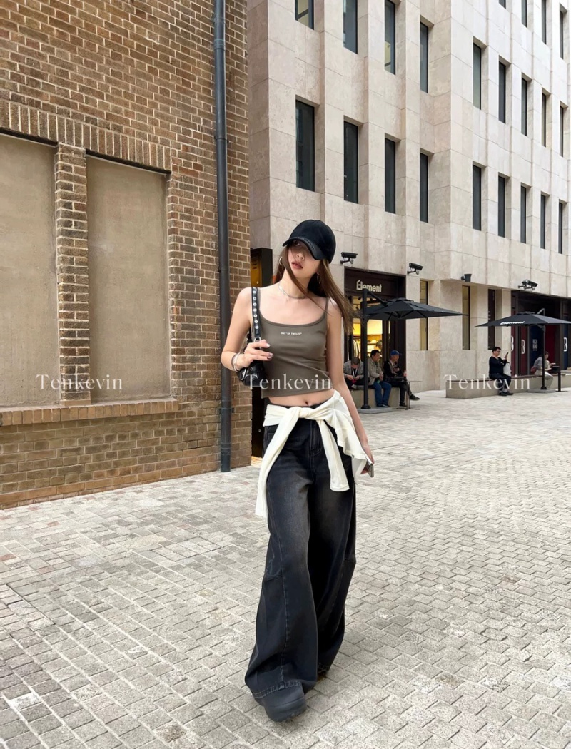 High waist loose retro wide leg pants straight slim pants