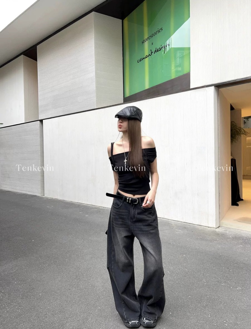 High waist loose retro wide leg pants straight slim pants