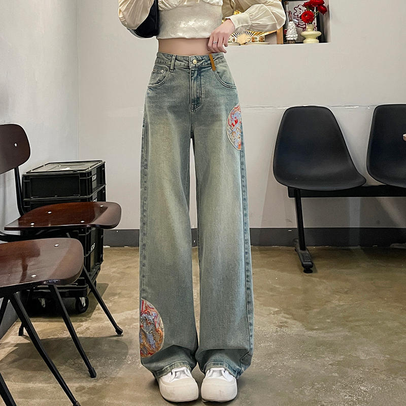 Embroidery wide leg pants slim jeans for women