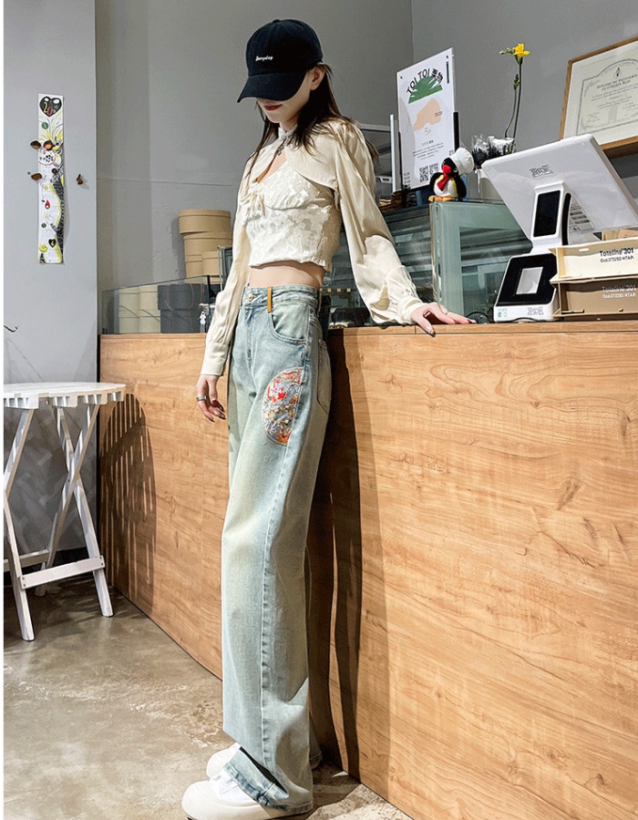 Embroidery wide leg pants slim jeans for women