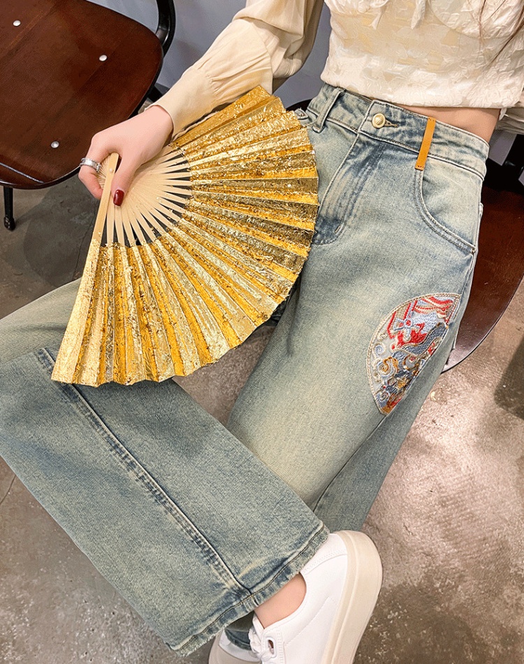 Embroidery wide leg pants slim jeans for women