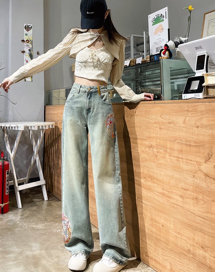 Embroidery wide leg pants slim jeans for women