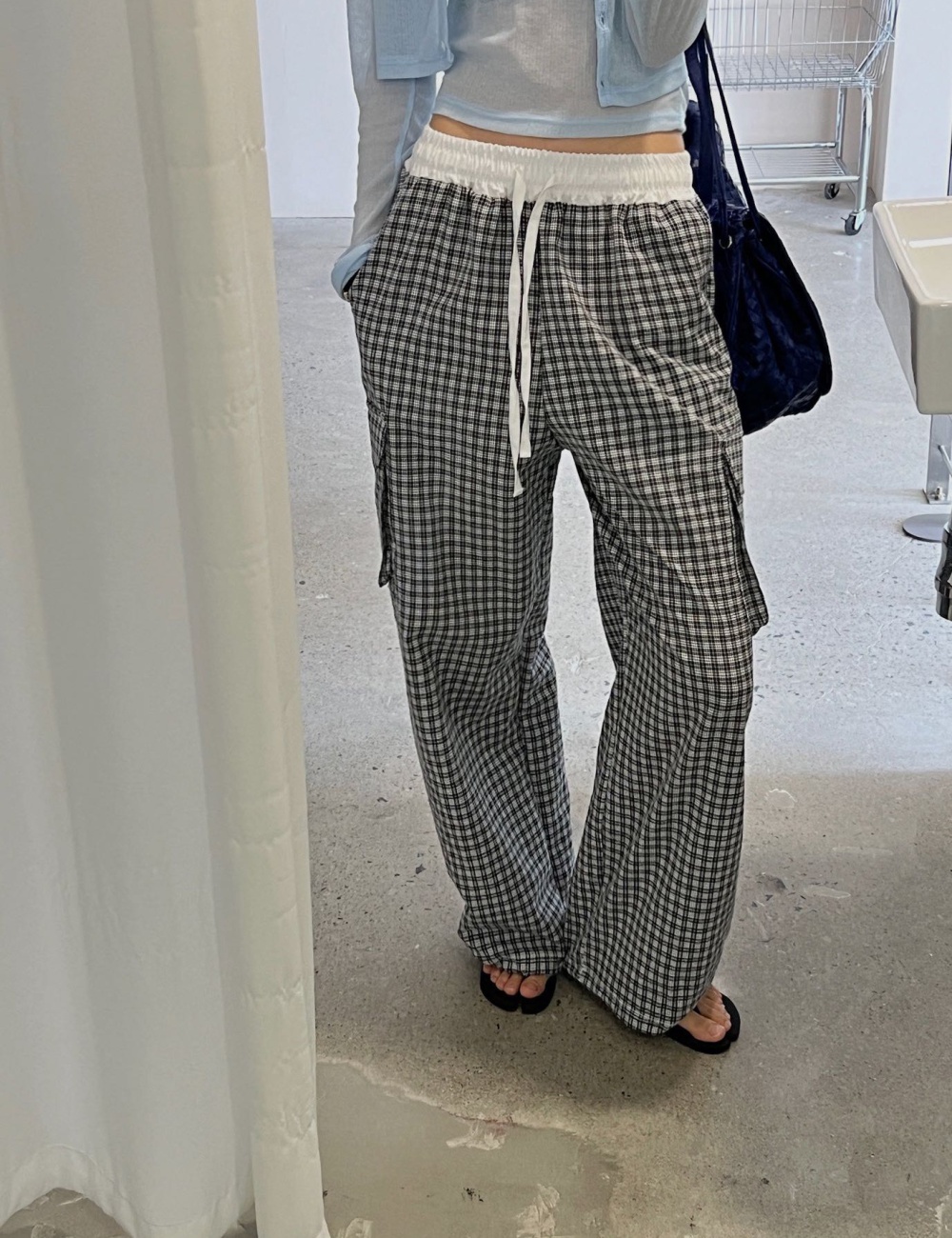 Plaid pinched waist drawstring casual pants