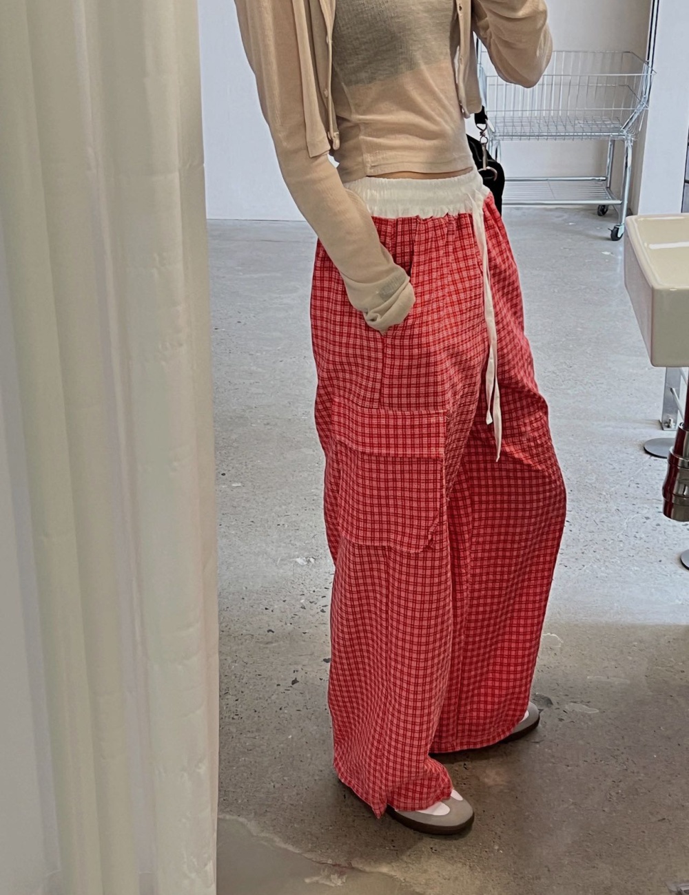 Plaid pinched waist drawstring casual pants