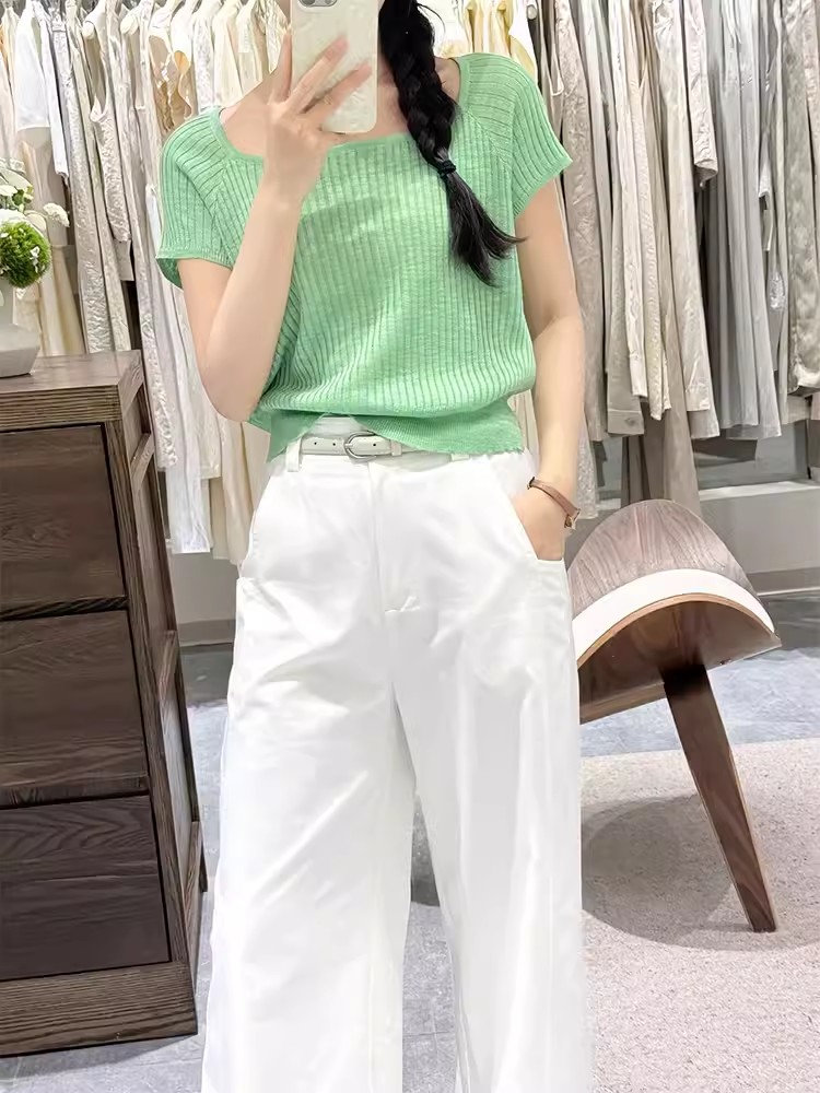 Short ice silk T-shirt green tops a set for women