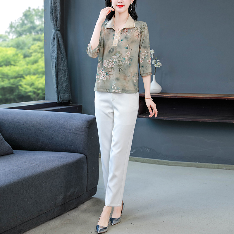 Short sleeve lapel tops summer middle-aged T-shirt