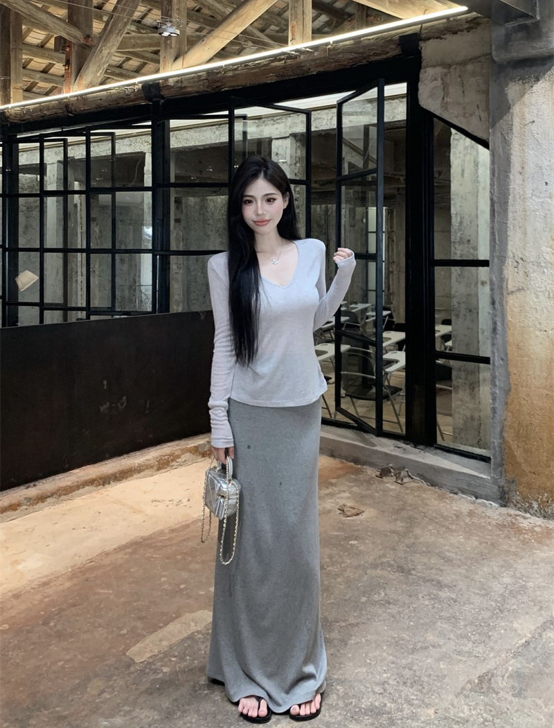 Drape A-line knitted long skirt V-neck all-match tops