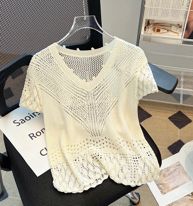 Summer crochet short sleeve sweater hollow V-neck tops for women