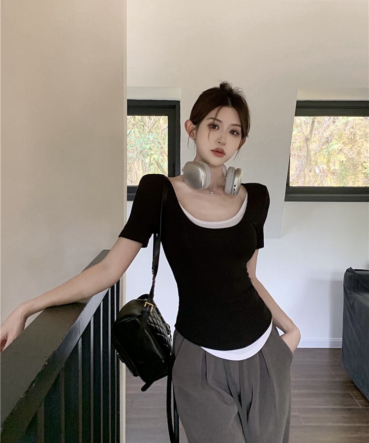 Fashion slim U-neck T-shirt Pseudo-two splice short sleeve tops