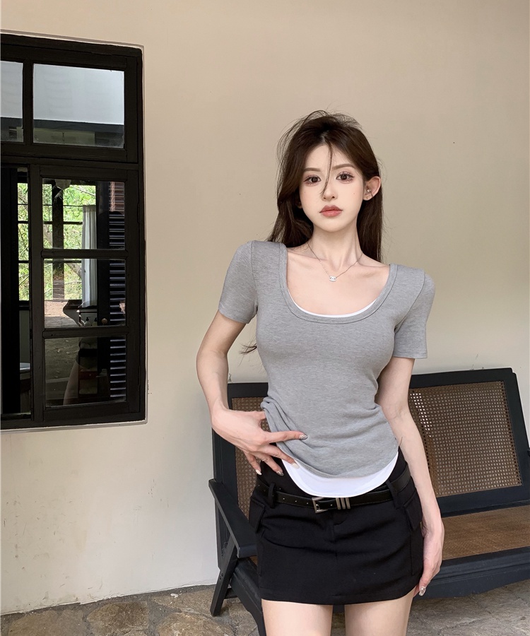 Fashion slim U-neck T-shirt Pseudo-two splice short sleeve tops