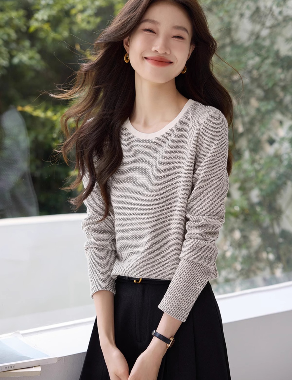 Long sleeve autumn round neck knitted Casual T-shirt