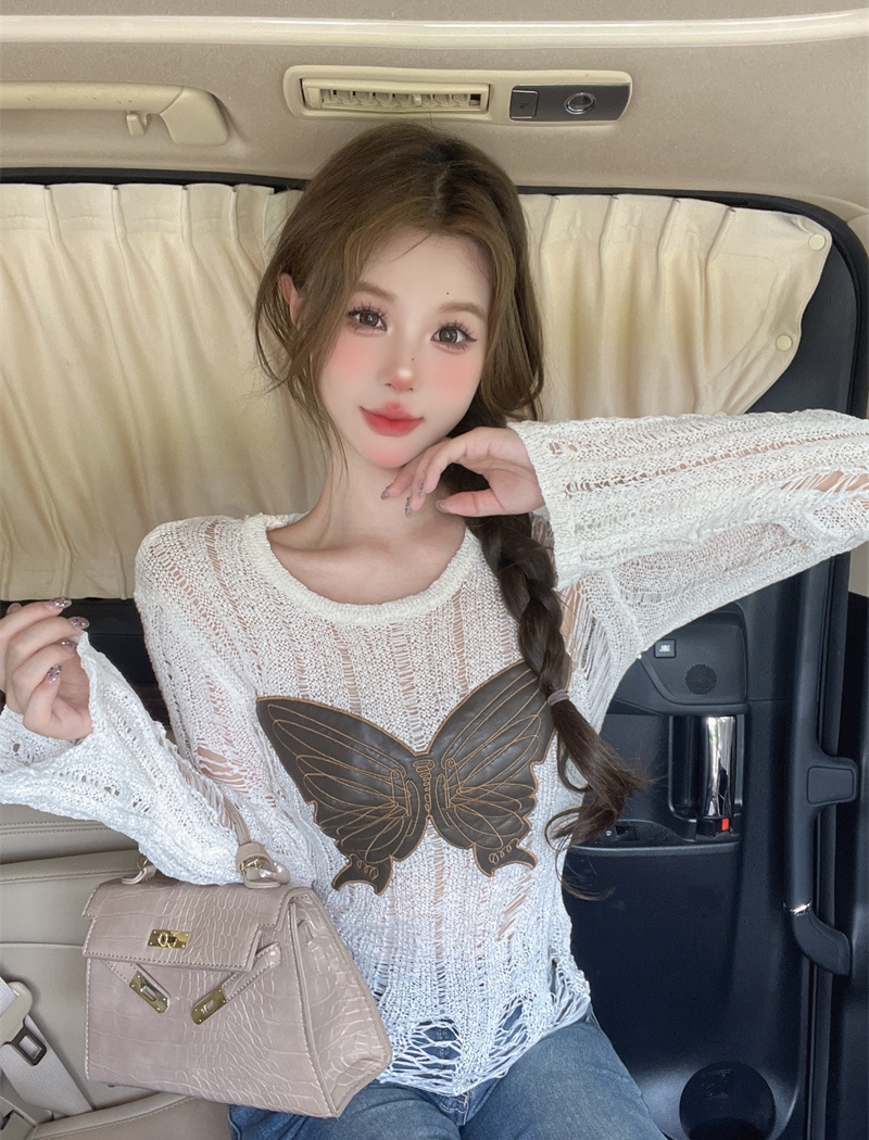 Hollow butterfly smock long sleeve enticement tops for women