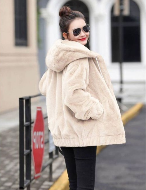 Hairy loose lambs wool coat thermal thick hoodie for women