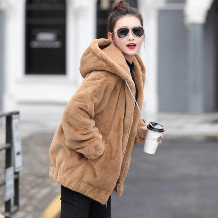 Hairy loose lambs wool coat thermal thick hoodie for women