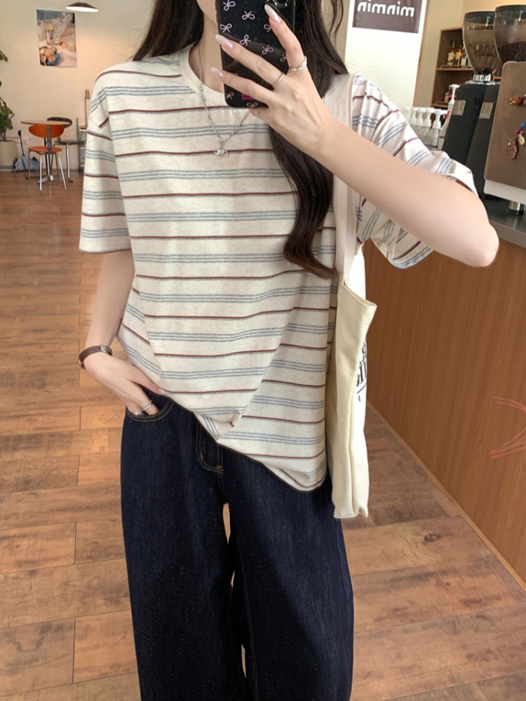 Short sleeve cotton tops stripe summer T-shirt for women