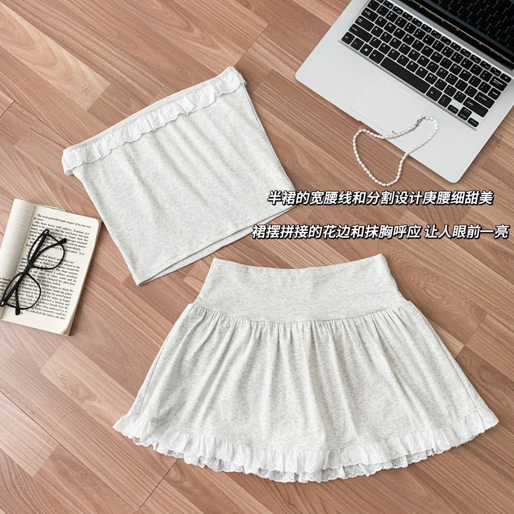 Wrapped chest short skirt gray tops 2pcs set