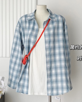 Long sleeve lazy slim shirt blue loose plaid tops for women