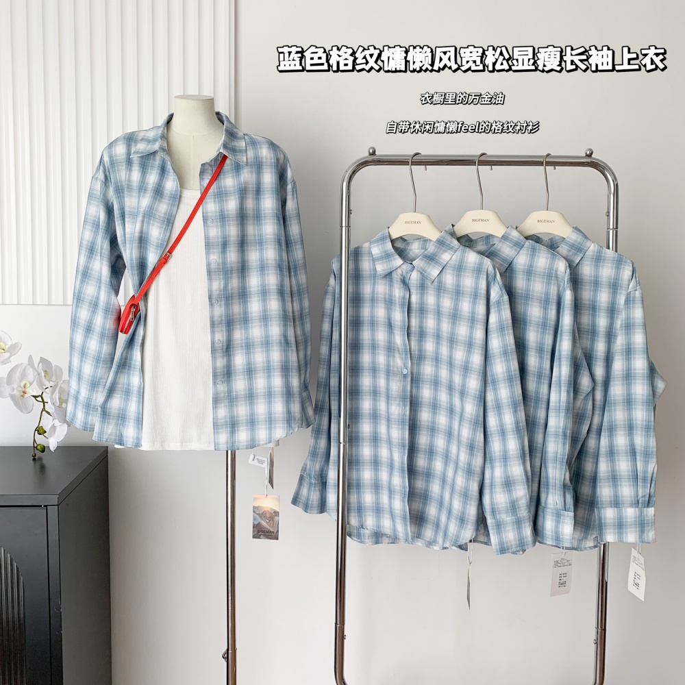 Long sleeve lazy slim shirt blue loose plaid tops for women