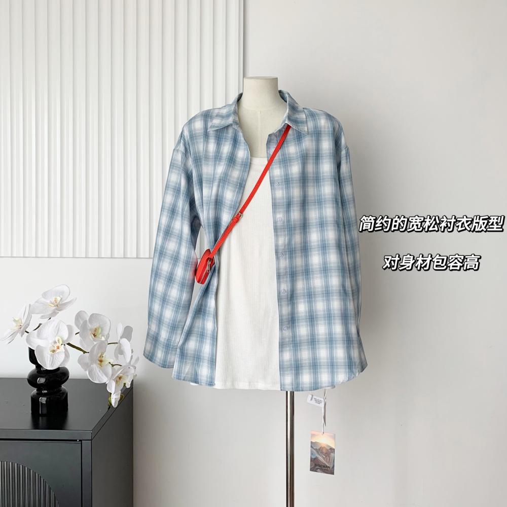 Long sleeve lazy slim shirt blue loose plaid tops for women