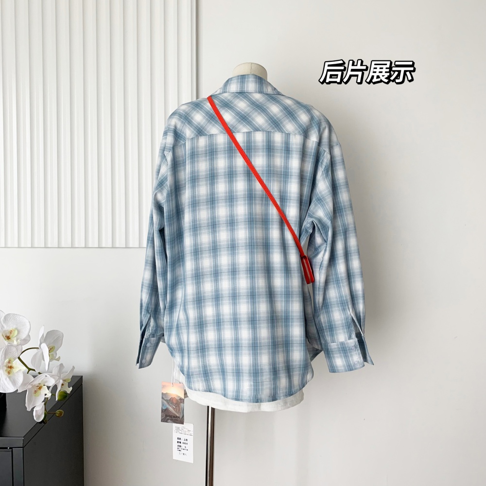 Long sleeve lazy slim shirt blue loose plaid tops for women