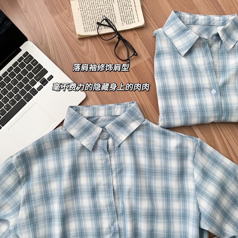 Long sleeve lazy slim shirt blue loose plaid tops for women