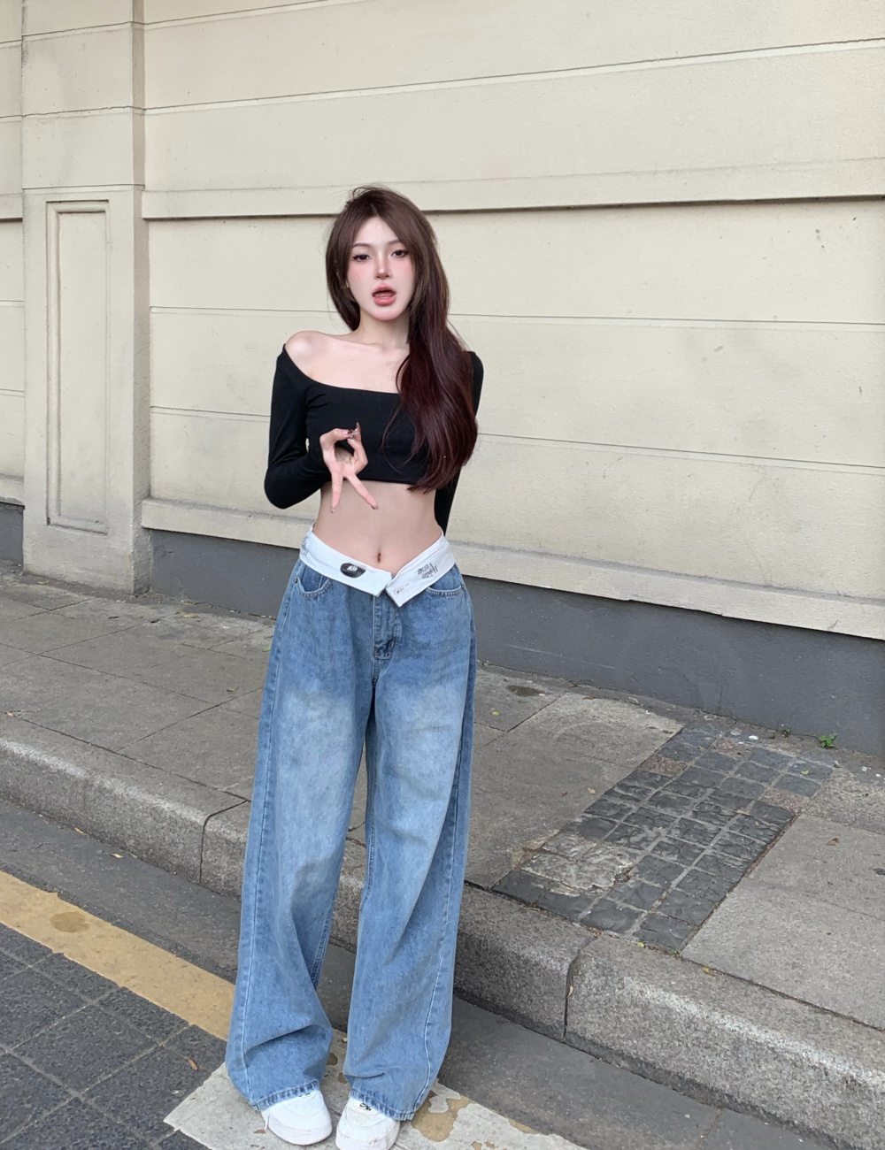 Slim loose jeans straight wide leg pants for women