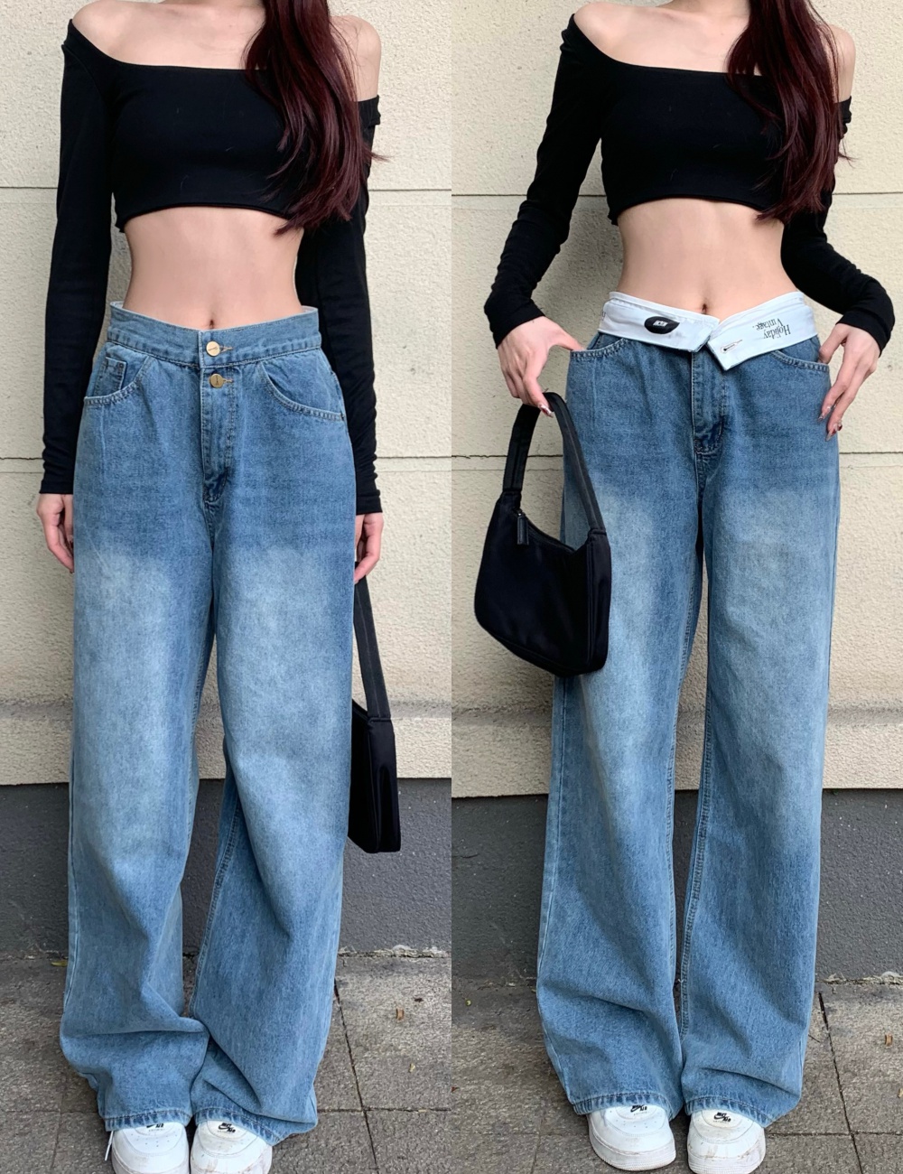 Slim loose jeans straight wide leg pants for women