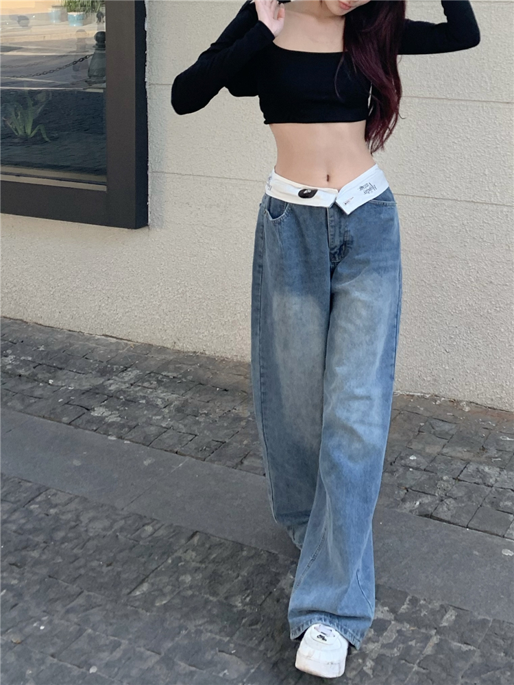 Slim loose jeans straight wide leg pants for women