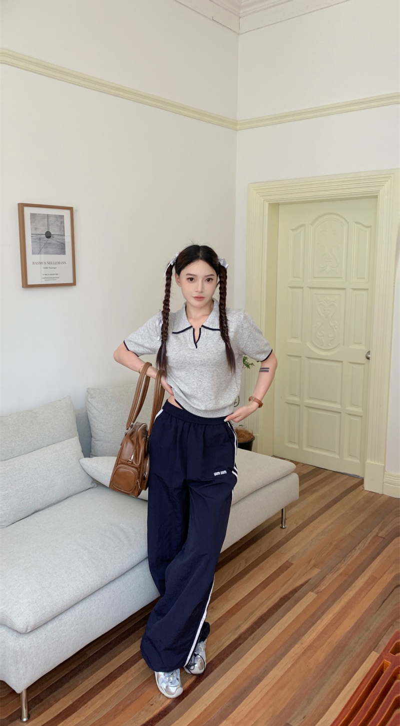 Small fellow lapel T-shirt short sleeve wide leg pants