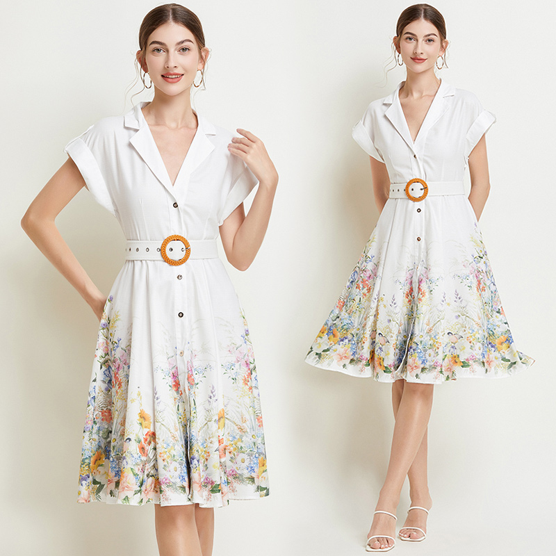 Retro niche temperament single-breasted printing dress