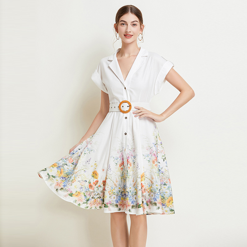 Retro niche temperament single-breasted printing dress