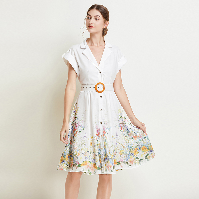 Retro niche temperament single-breasted printing dress