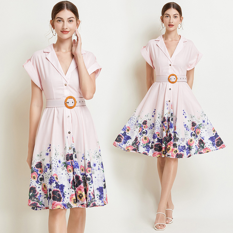 Printing with belt retro niche ladies dress